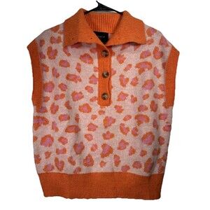 FRNCH Paris Orange Pink Animal Print Sweater Vest Large Shawl Collar Button New